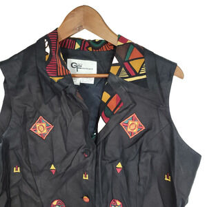 Vtg Gary Fabrikant Vest Womens Sz 14 100% Silk Black Aztec Art To Wear RN 76678